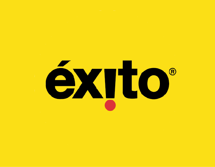 Logotipo de la marca "éxito" en letras negras sobre un fondo amarillo, con un punto rojo al final de la palabra.