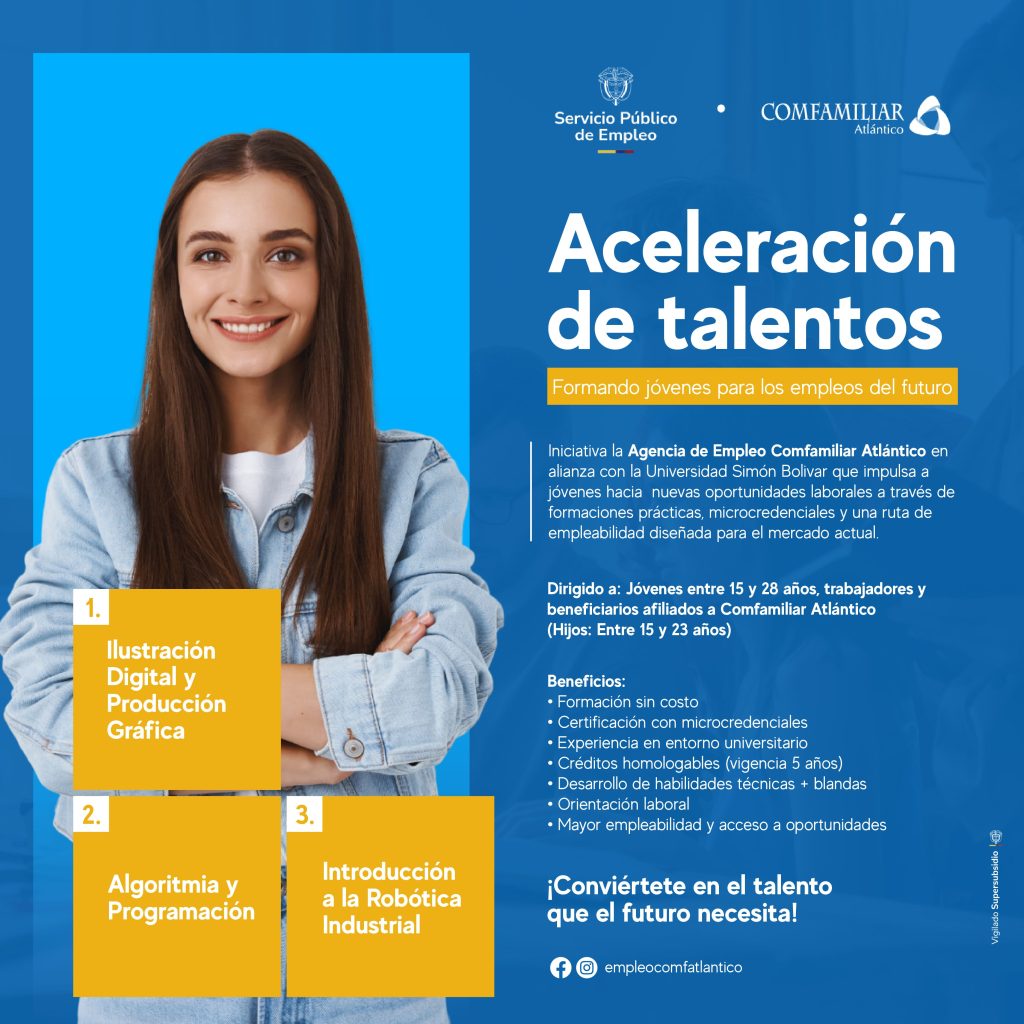 Mujer joven sonriente con cabello largo, vestida con chaqueta de mezclilla, frente a fondo azul. Texto sobre iniciativa de formación laboral para jóvenes, con íconos de áreas de estudio.
