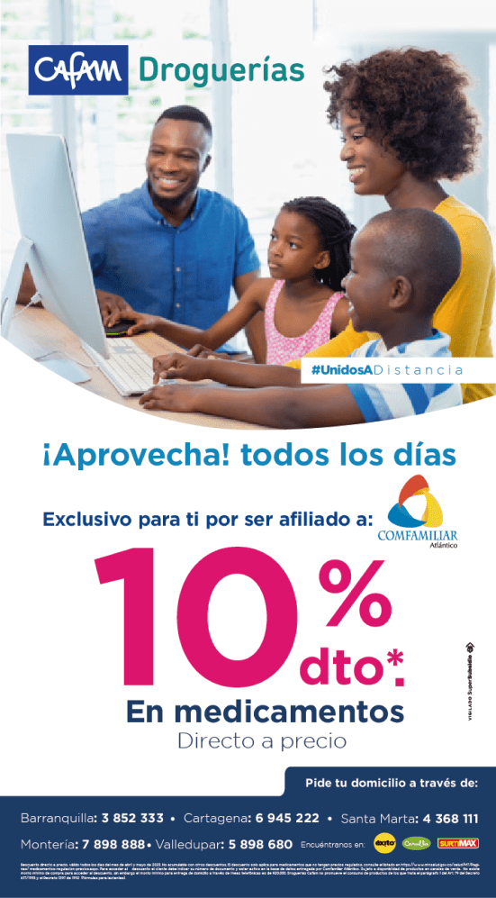 Niños interactuando con una computadora, mientras un adulto observa. Texto promocional destaca un descuento del 10% para afiliados. Colores predominantes: azul, rosa y blanco.