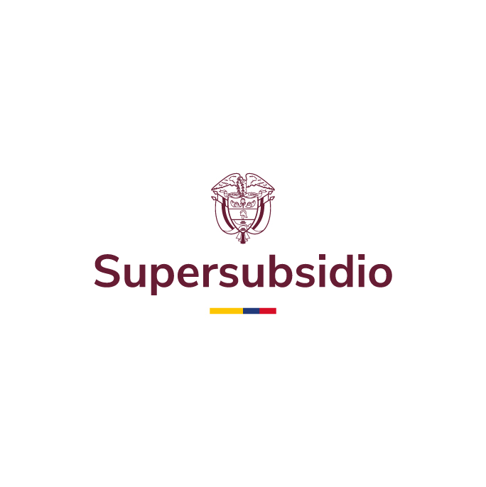Logotipo de Supersubsidio, con un diseño que incluye un símbolo en la parte superior y el nombre en color marrón, acompañado de una franja con los colores de la bandera de Colombia.